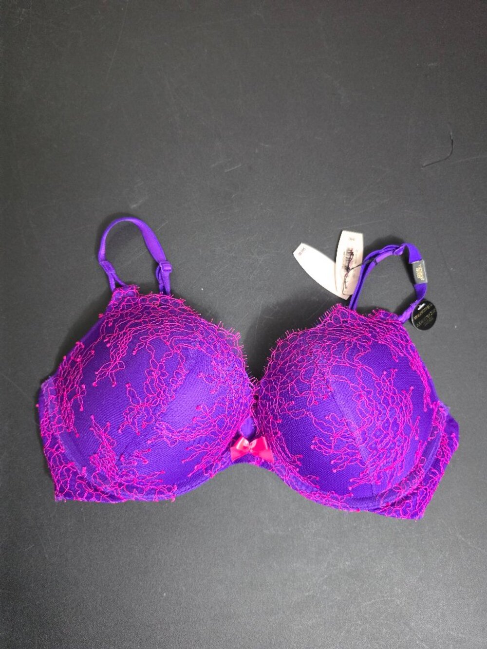 Victoria's Secret Bombshell Plunge Push Up Purple Bra with Pink Lace - Size 34C